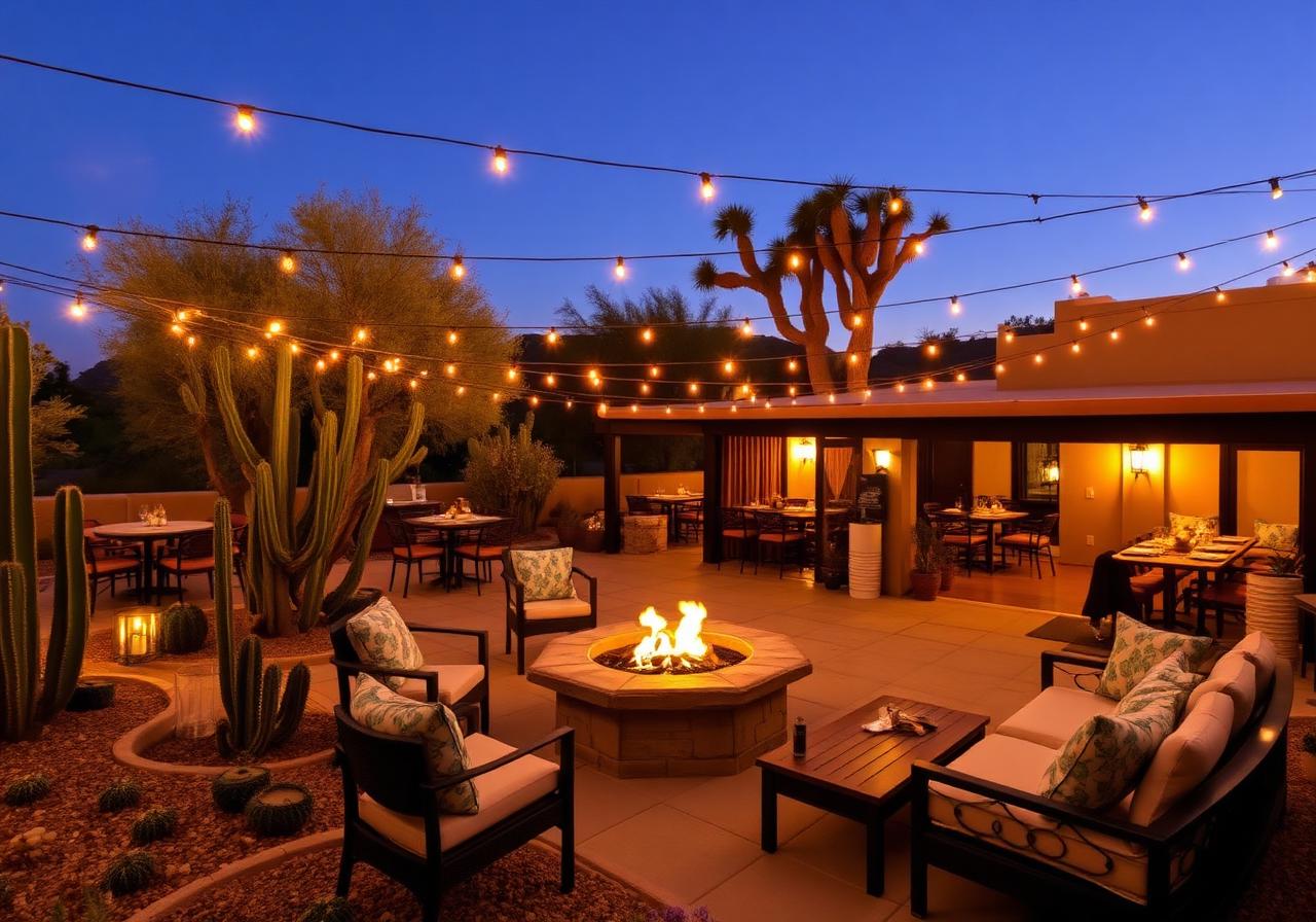 Outdoor dining patio at dusk